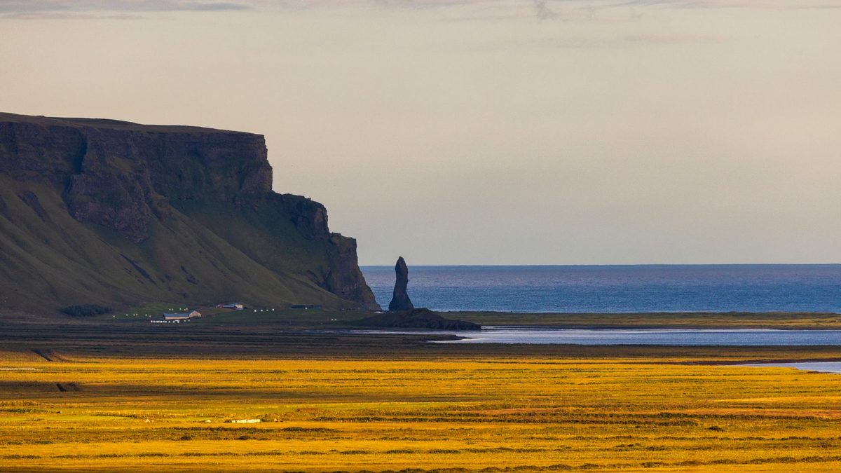 Golden light over sea stacks and cliffs on the south coast