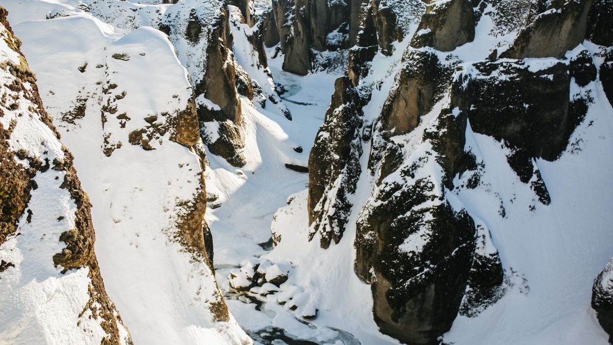 A snow-covered canyon in winter