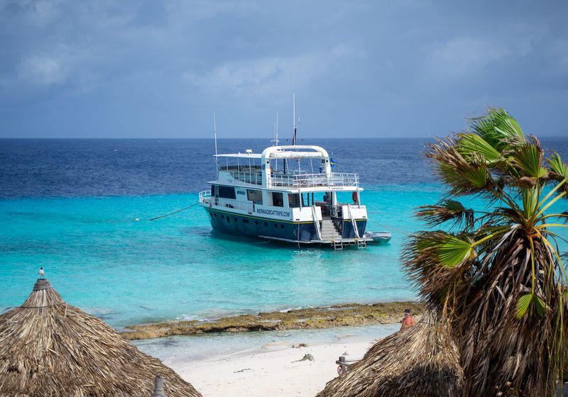 A tour boat anchored by the beach