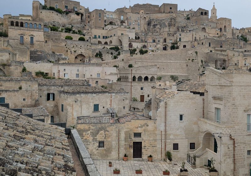 Stone houses stacked on the hillside in the Sassi