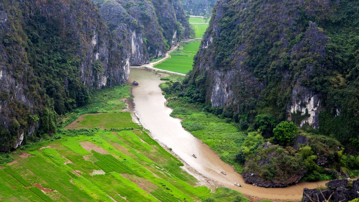Green rice fields and a river between limestone hills