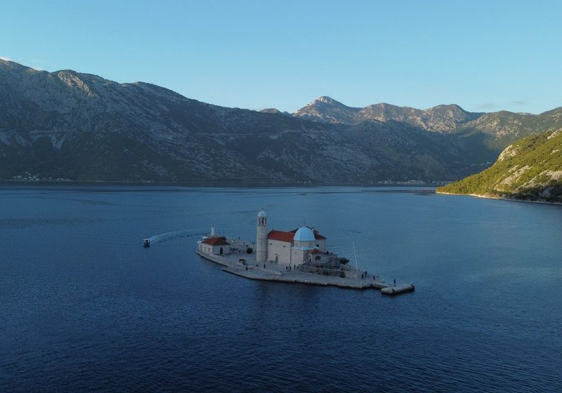 An aerial view of the island in the Bay of Kotor