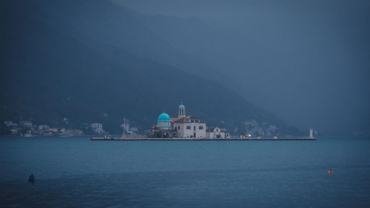 The island at dusk in the Bay of Kotor