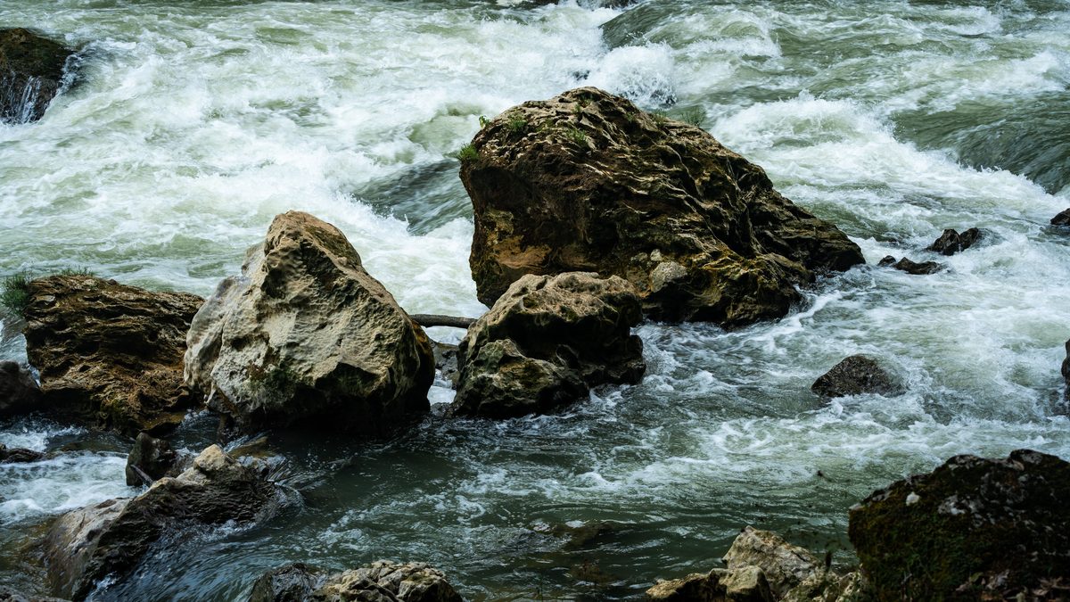 The Cahabón River rushing over rocks