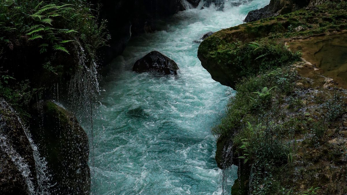 A narrow jungle river running through a rocky gorge