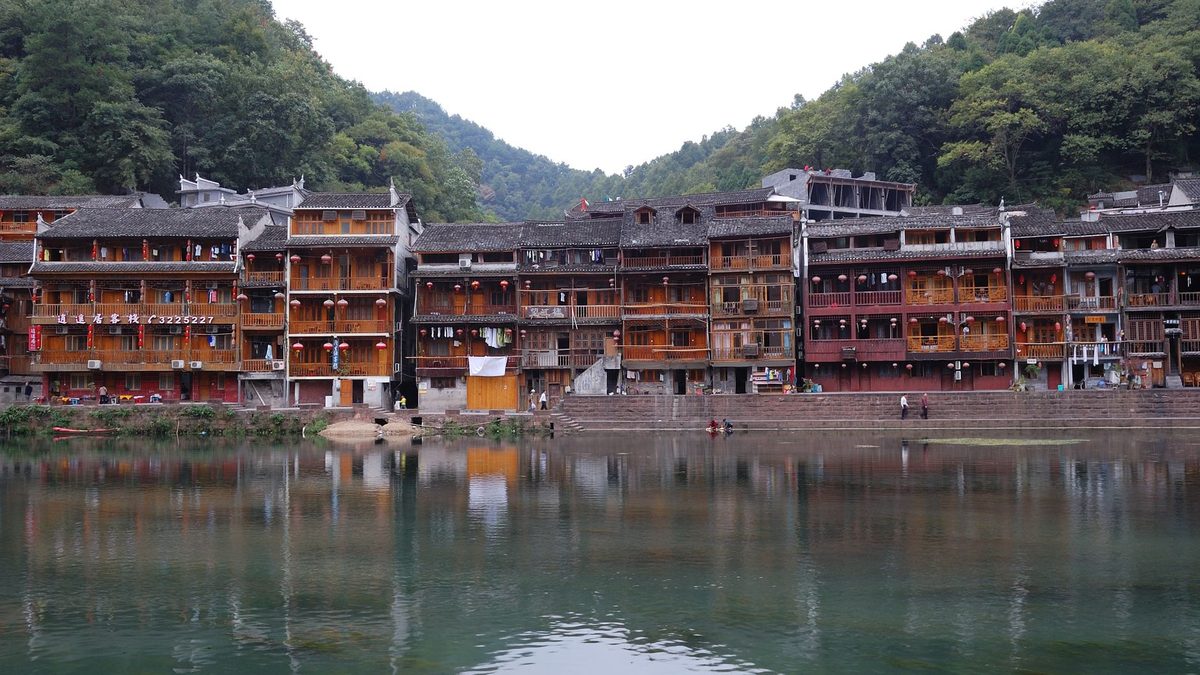 Wooden riverside houses in the historic town of Fenghuang